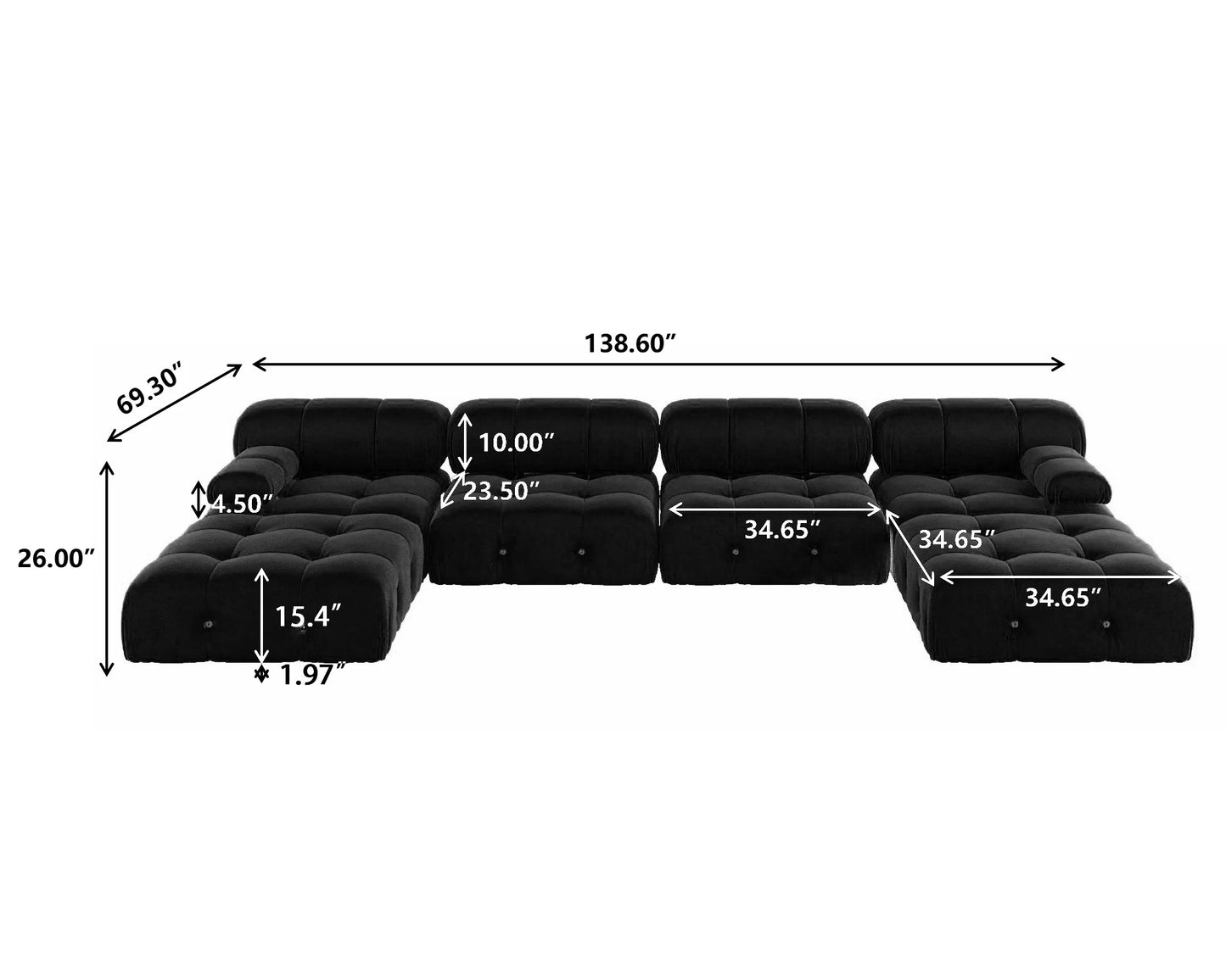 Minimalist Sectional Sofa for Living Room Black Velvet Fabric Modular Couches with Ottomans Comfortable Lounge Couch Sofas Sets