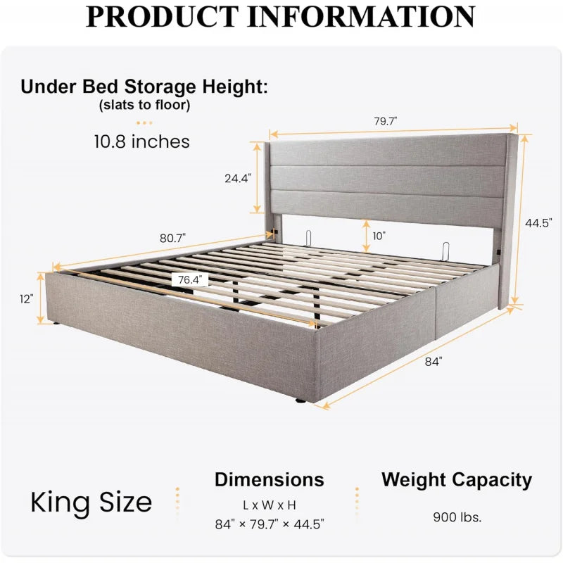 King Size Lift Up Storage Bed/Modern Wingback Headboard/Upholstered Platform Bed Frame/Hydraulic Storage/Wood Slats Support