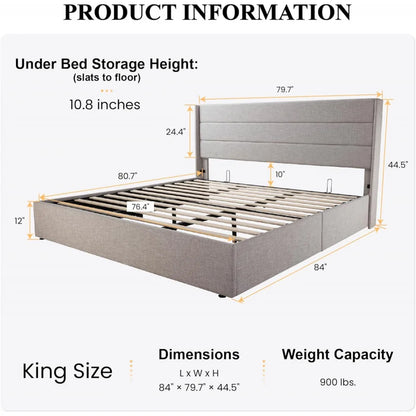 Cama elevable tamaño king con espacio de almacenaje/Cabecera moderna con respaldo alto/Marco de cama con plataforma tapizada/Almacenamiento hidráulico/Soporte de listones de madera