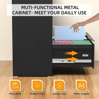 Black Lateral File Cabinet, with Lock3 Drawer Lateral for A4 Size, Metal Steel Locking Wide File Cabinet for Home Office