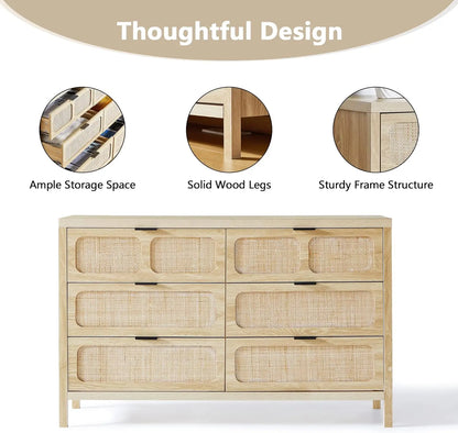 Modern Rattan 6 Drawer Dresser w/ Wide Drawers & Metal Handles, Farmhouse Wood Storage Chest of Drawers for Bedroom, Living Room