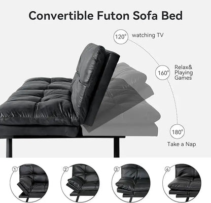 Sofá cama convertible tipo futón para sala de estar, moderno sofá cama tapizado en cuero sintético con apoyabrazos extraíbles