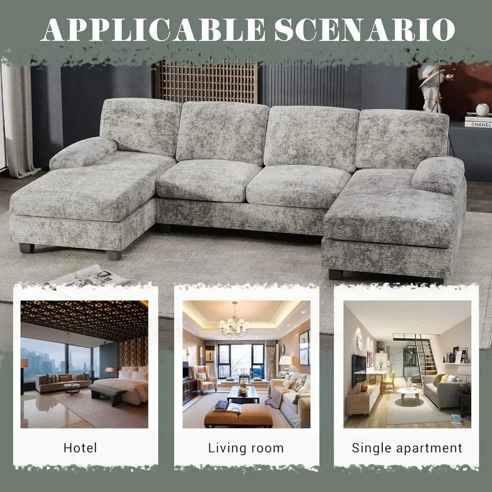 Couch Convertible Sectional Sofa Couch,4 Seat Sofa Set Grey U-Shaped Fabric Modular Sleeper with Double Chaise Memory Foam