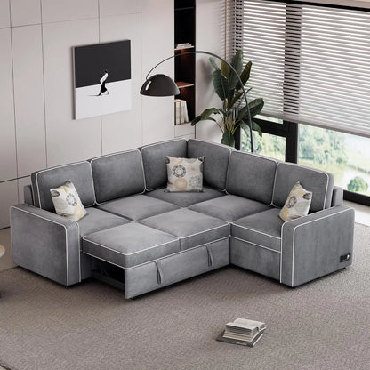 Convertible Sectional Sofa, Pull-Out Sleeper Sofa Bed with 3 Pillows and 2 USB Ports, L Shaped Couch with 2 Power Sockets