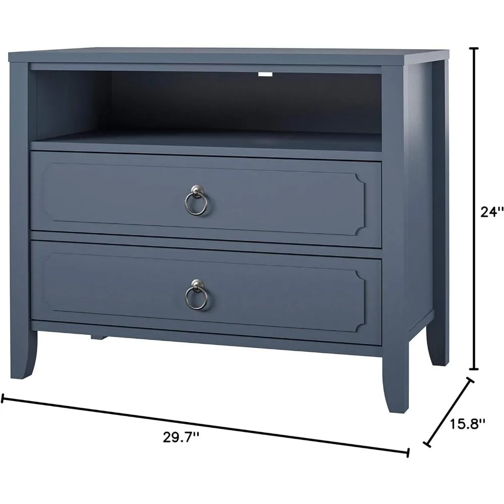 Her Majesty 2 Drawer Nightstand, Blue, Made of Painted MDF with Real Wood Legs, Suitable for Bedrooms and Living Rooms