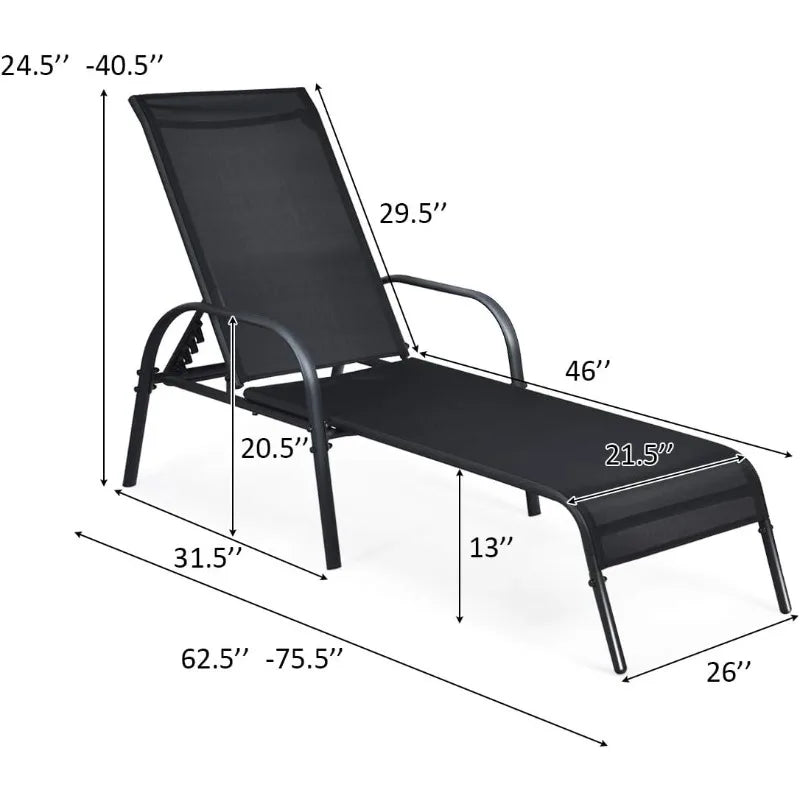 2 Pack Patio Lounge Chair, Outdoor Chaise Lounge with 5 Adjustable Backrest, Sturdy Steel Frame, Sunbathing Recliner