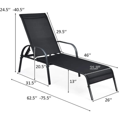 2 Pack Patio Lounge Chair, Outdoor Chaise Lounge with 5 Adjustable Backrest, Sturdy Steel Frame, Sunbathing Recliner