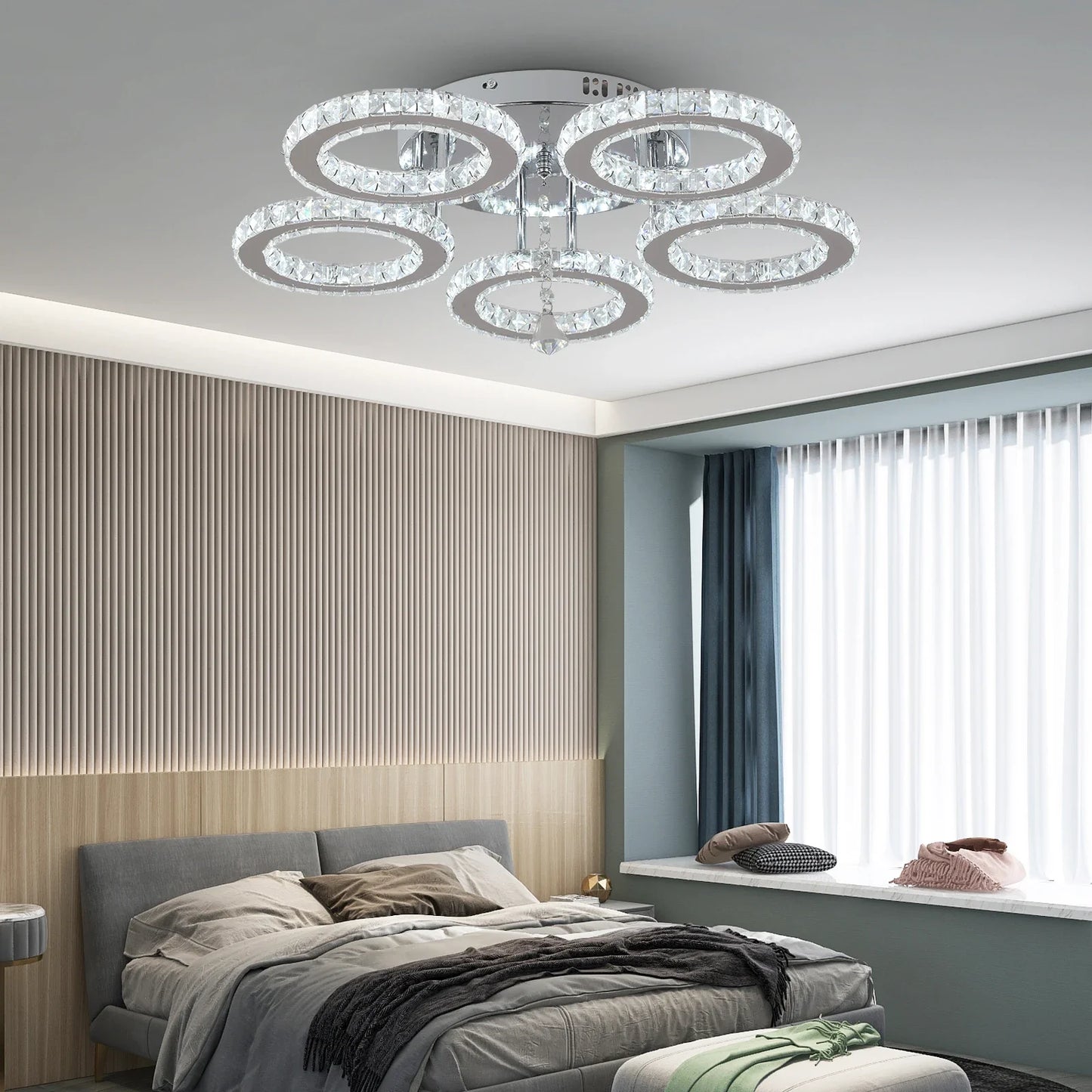 Modern Lustres K9 Crystal Chandelier Ceiling Lamps 3 Rings Stainless Steel Hanging Light Fixture Led Pendant Lamp Home Appliance