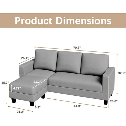 Convertible Sectional Sofa Couch, L Shaped 3-Seat Small Couch for Living Room with Ottoman Modern Fabric Reversible Chaise