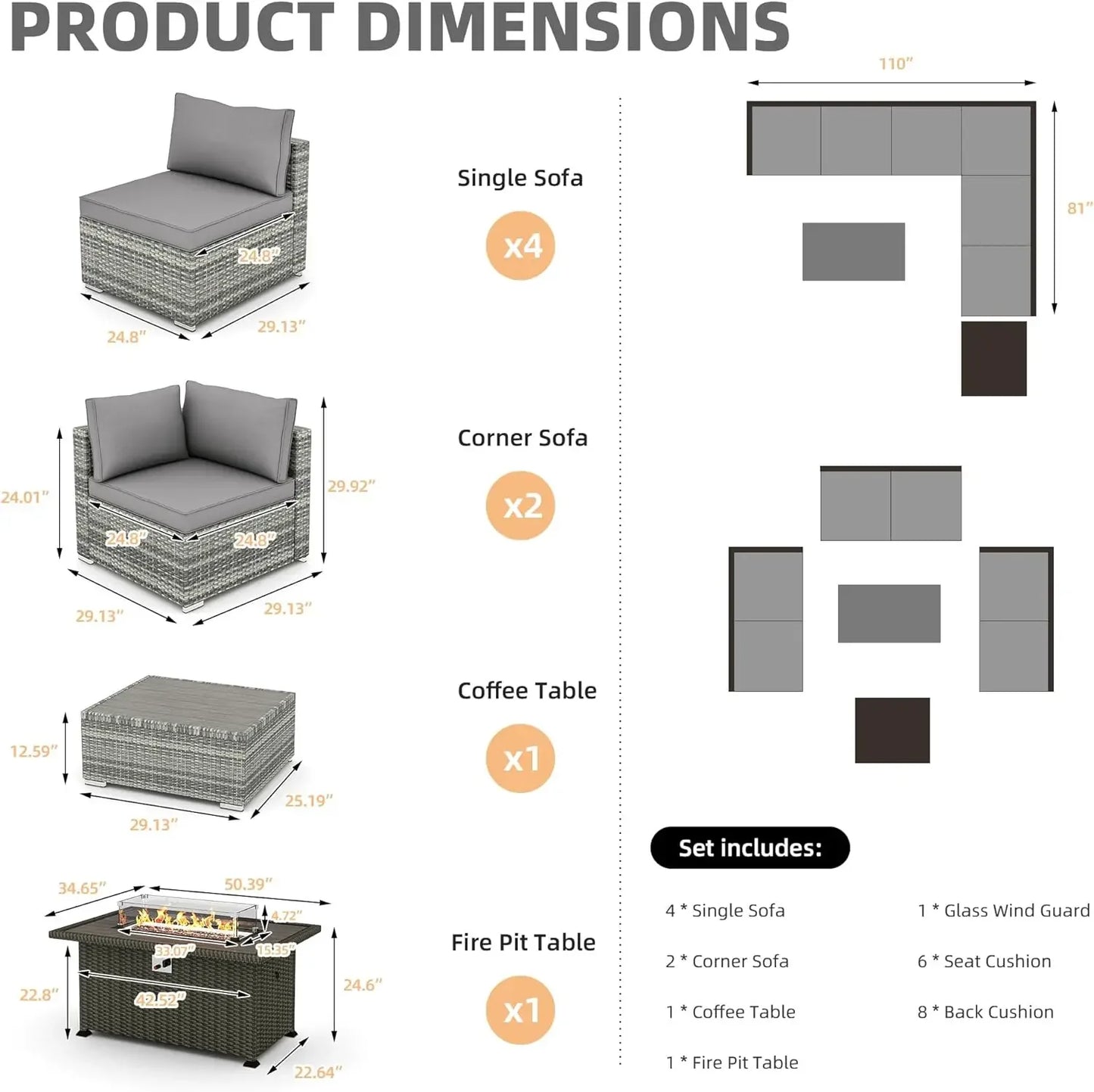 7/8/15pc High Back Outdoor Furniture Set,PE Rattan Sectional Sofa,Wicker Patio Conversation Set w/Cushion & Glass/Fire Pit Table