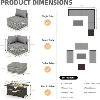 7/8/15pc High Back Outdoor Furniture Set,PE Rattan Sectional Sofa,Wicker Patio Conversation Set w/Cushion & Glass/Fire Pit Table