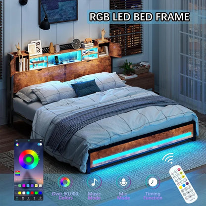 Queen Size Bed Frame with Charging Station, RGB LED Lights, 3 Tier Storage Headboard with Hidden Storage Space Bed