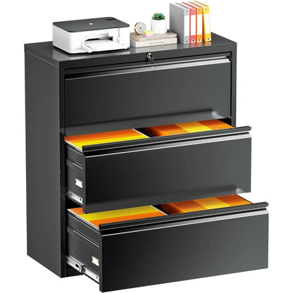 Black Lateral File Cabinet, with Lock3 Drawer Lateral for A4 Size, Metal Steel Locking Wide File Cabinet for Home Office