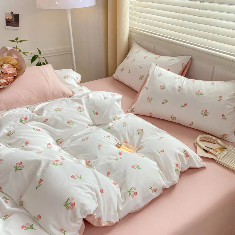 Juego de cama romántico con tulipanes rosas, sábana encimera, funda de almohada, ropa de cama doble, tamaño queen, funda de edredón con estampado floral para niñas y niños, sin relleno