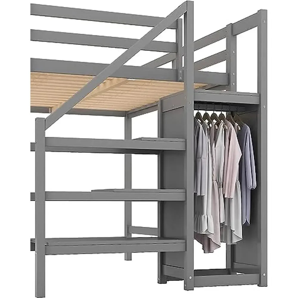 Full Size Loft Bed with Storage Wardrobe and Staircase High Load Capacity Wooden Loft Bed Frame Kids Girls Boys Bedroom Grey