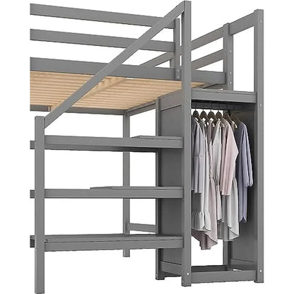 Full Size Loft Bed with Storage Wardrobe and Staircase High Load Capacity Wooden Loft Bed Frame Kids Girls Boys Bedroom Grey