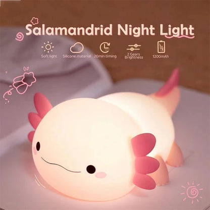 Bonita luz de noche de axolotl de silicona, lámpara para dormir para guardería, luces de noche con control táctil, lámpara de mesa recargable por USB para bebés y niños