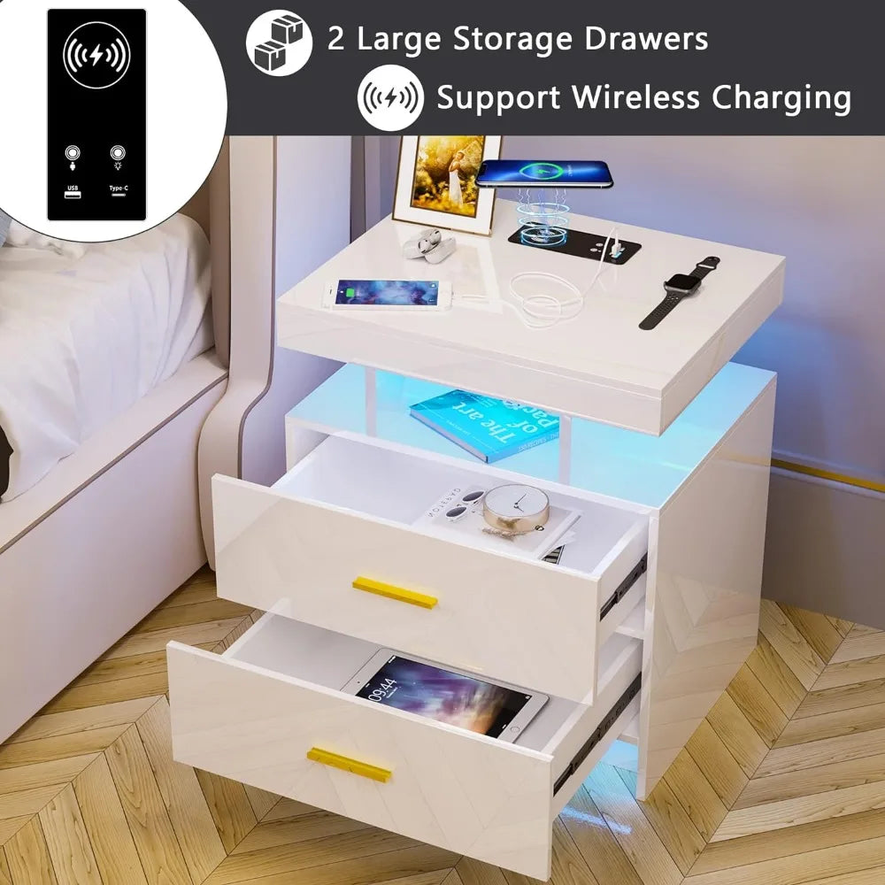 Auto LED Nightstand With Wireless Charging Station & USB Ports Bedside Tables for the Bedroom Furniture Nightstands Mobile Home