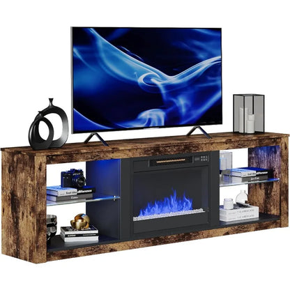 Electric Fireplace TV Stand for 75 inch TV, LED Entertainment Center with Glass Shelves for Living Room Morden 70 inch TV Cabine