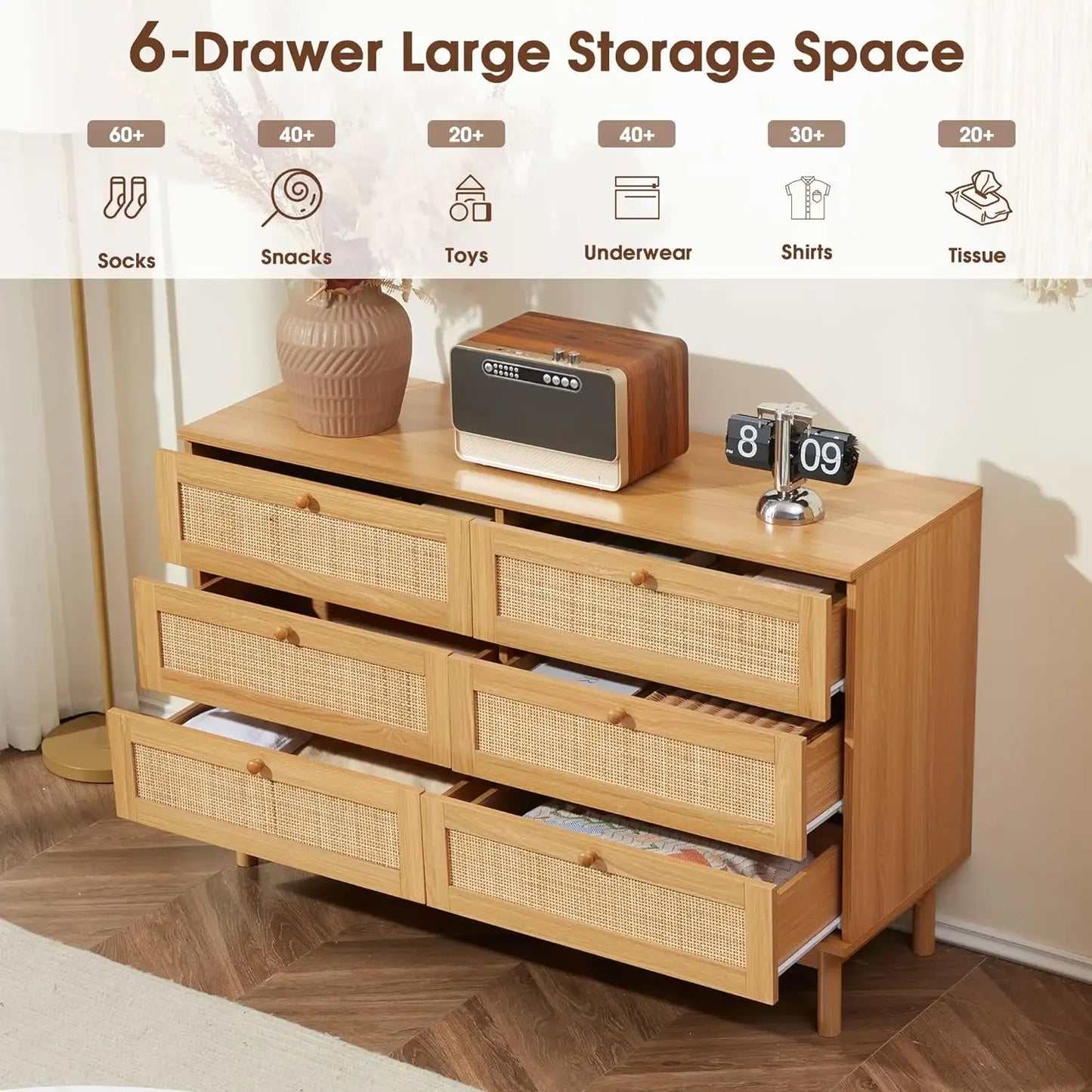 6 Drawer Rattan Dresser for Bedroom, Modern Wooden Chest of Dressers with Spacious Storage, Beside Table for Closet, Entryway