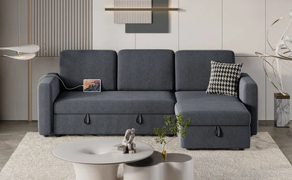 Sectional Sofa L-Shaped Sofa Couch Bed w/Chaise & USB, Reversible Couch Sleeper w/Pull Out Bed & Storage Space, Pull Out Couch