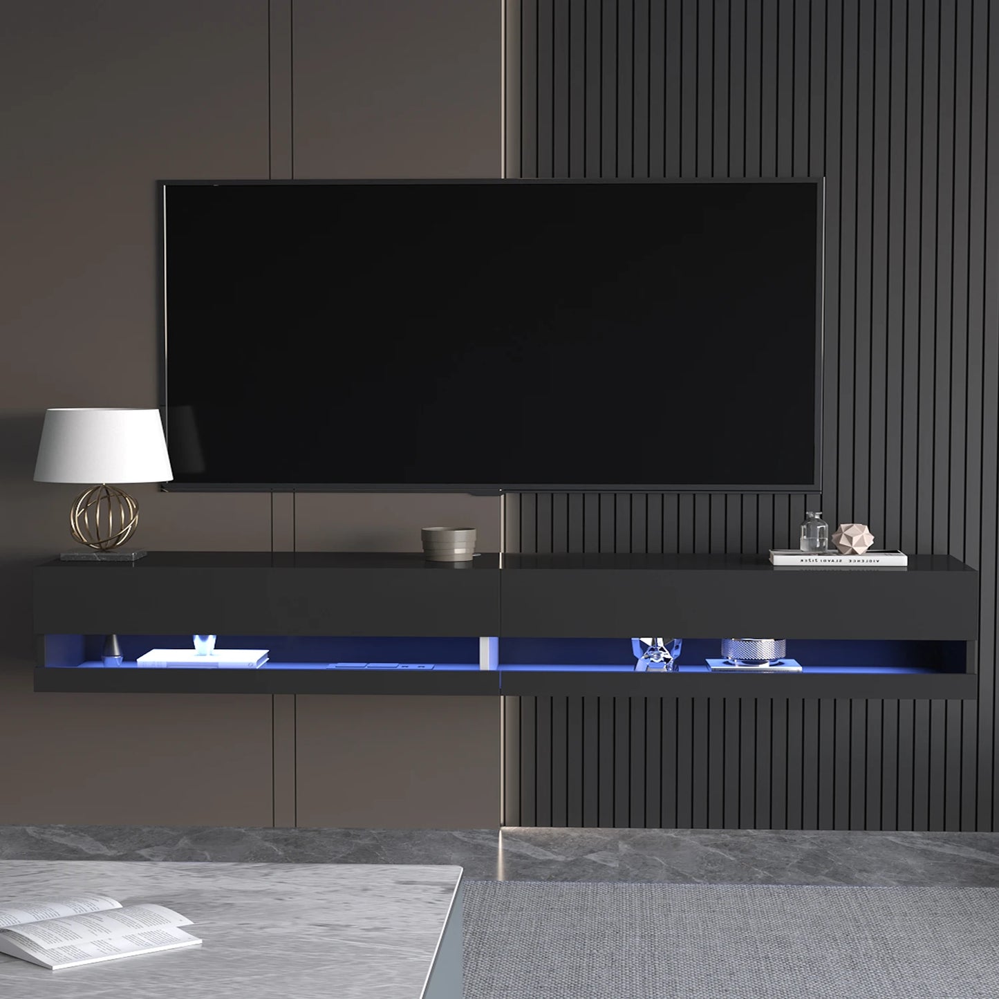 Support TV flottant 71" pour téléviseur 75/80", support TV LED mural avec prises de courant, console multimédia moderne haute brillance, blanc/noir