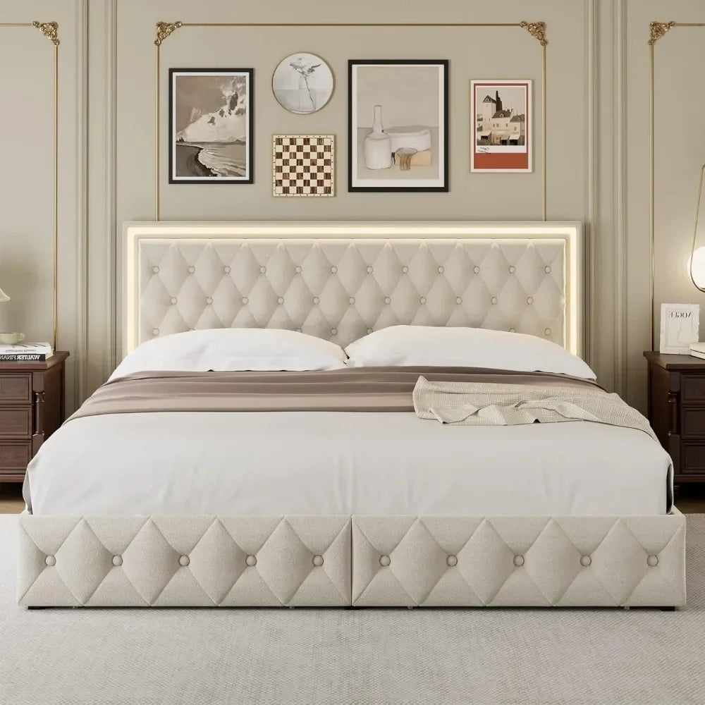 King Bed Frame with 4 Drawers, Velvet Platform Storage Bed with Adjustable Button Tufted Headboard,Full Upholstered LED Bed