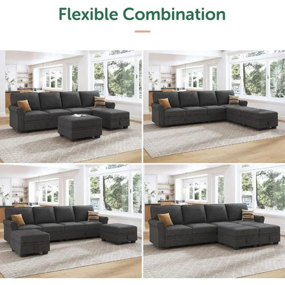 Convertible Sectional Sofa with Storage Seat U Shaped Sectional Couch with Reversible Chaise 6 Seat Sofas