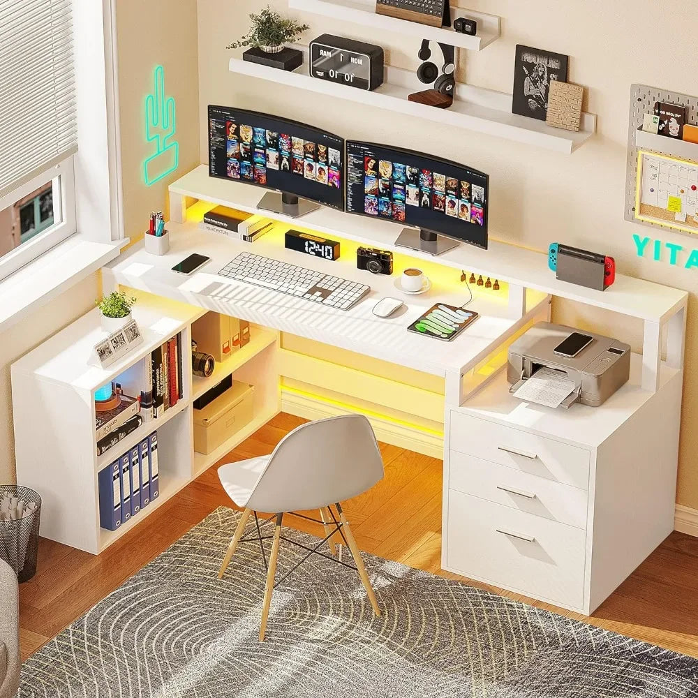 Bureau en L avec prises de courant, lumières LED, classeur, bureau d'ordinateur de 65 po, bureau d'angle avec 3 tiroirs et 4 étagères, blanc