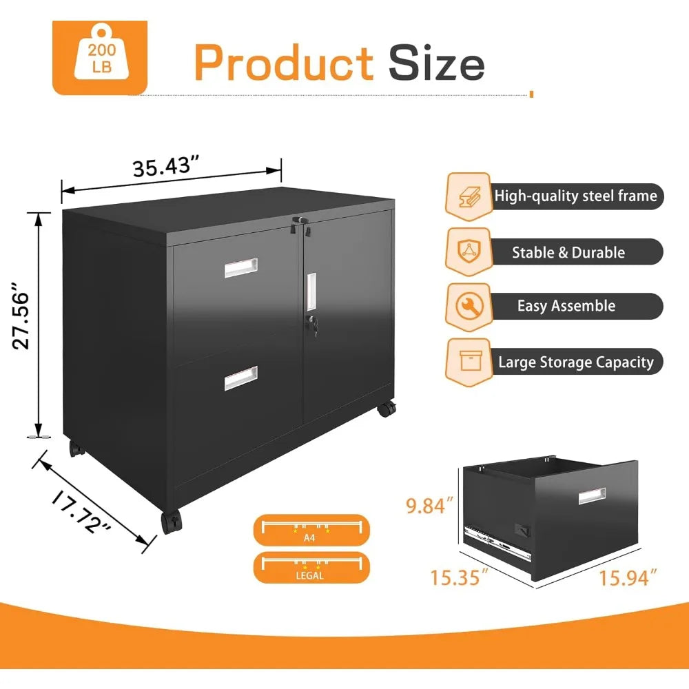 Meuble de bureau en métal avec 2 tiroirs et étagères réglables, classeurs suspendus/format A4, armoire de classement verrouillable noire, armoires pour PC