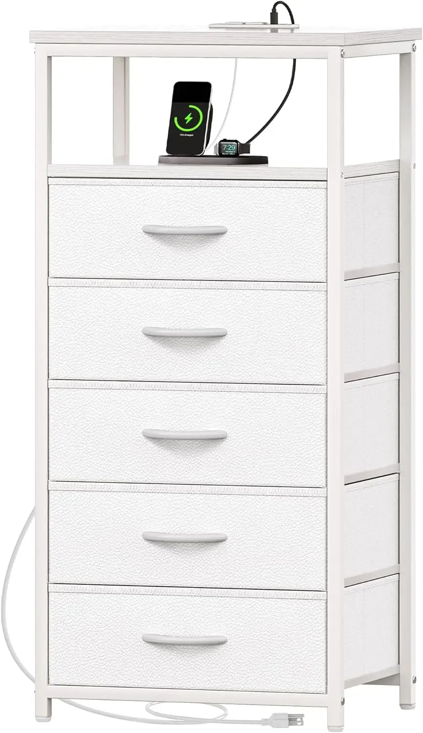 5 Drawers Dresser with Charging Station, Dresser for Bedroom, Tall Night Stand,  Leather Finish, Open Shelf