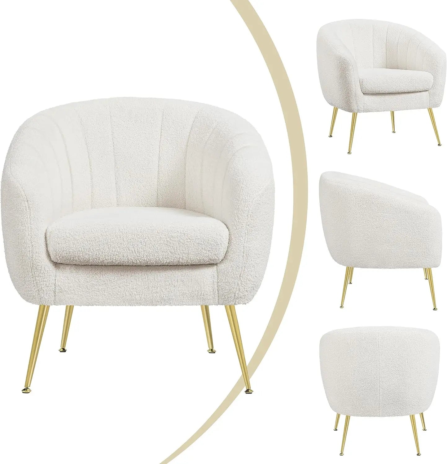 Modern Cozy Vanity Chair with Gold Metal Legs, Boucle Fabric Armchair with Removable Seat Cushion for Living Room Bedroom