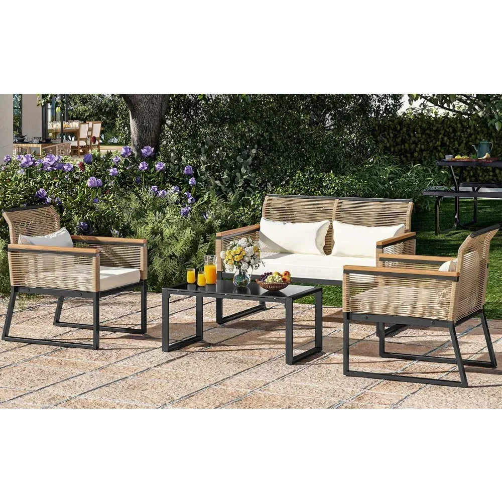 Ensembles de meubles de jardin, causeuse en rotin toutes saisons 4 pièces, accoudoir en bois, coussins gris et table basse en métal Tables d'extérieur