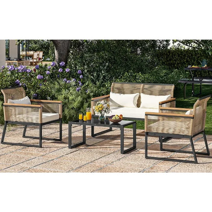 Ensembles de meubles de jardin, causeuse en rotin toutes saisons 4 pièces, accoudoir en bois, coussins gris et table basse en métal Tables d'extérieur