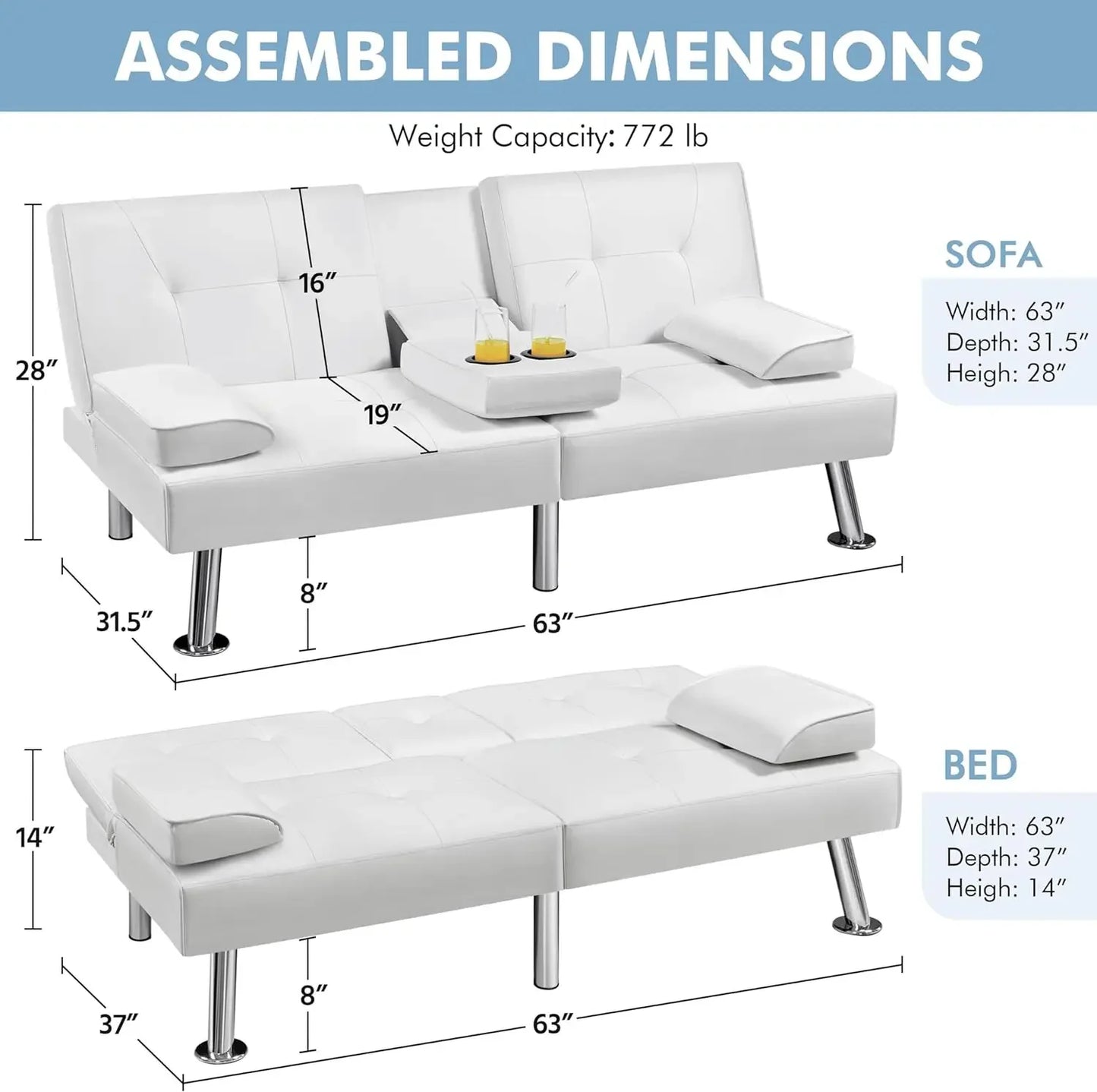 Sofá cama ajustable Sofá cama doble Sofá cama plegable Cama de invitados, portavasos, Cama Sillón moderno de cuero artificial