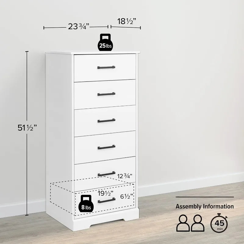 Cómoda alta blanca Astrid: 16" de profundidad x 20" de ancho x 52" de alto, cómoda de 6 cajones para dormitorio de Prepac: cómoda perfecta para un amplio espacio