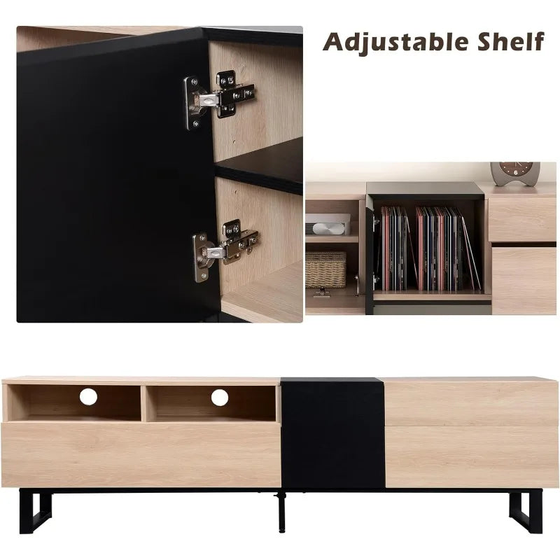 Meuble TV moderne avec 3 armoires et étagères ouvertes, centre de divertissement minimaliste en bois pour téléviseurs jusqu'à 80", console TV robuste