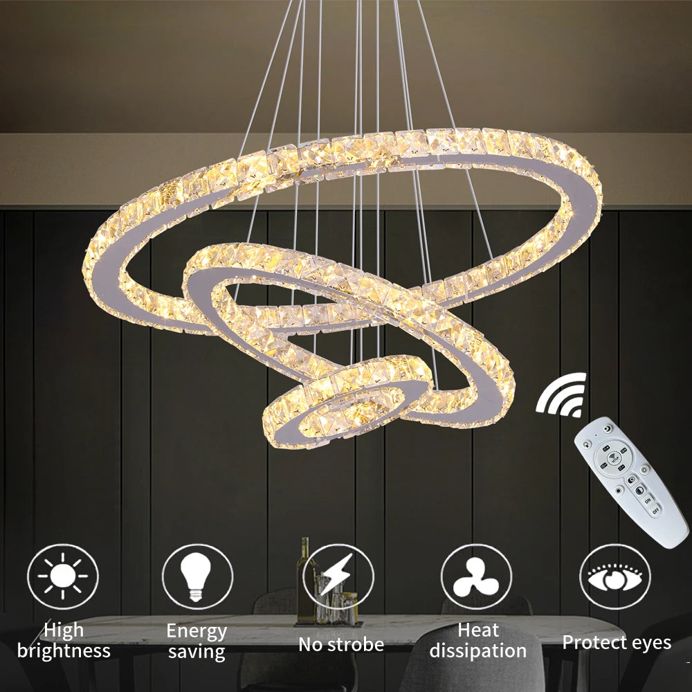 Modern Crystal Chandelier Lamp Chrome Led Living Room Dimming Pendant Light Bedroom Adjustable Hanging Lamps With Remote Control