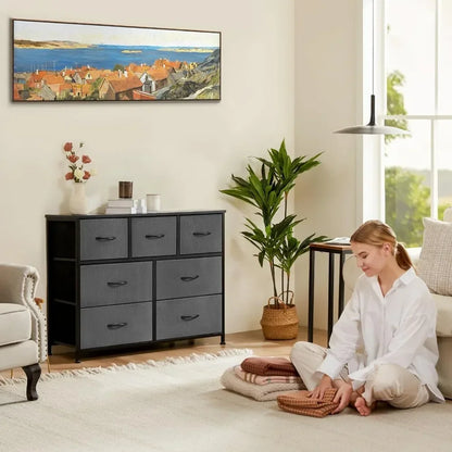 Commode à tiroirs avec bacs en tissu Table de maquillage Commode pour chambre à coucher Plateau en bois pour téléviseur jusqu'à 45 pouces Bureau de courtoisie Entrée Chambre d'enfant