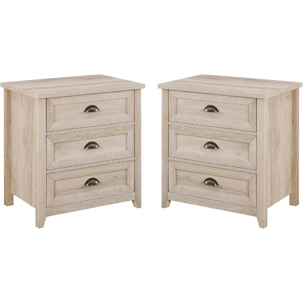 2-Piece Nightstand, Modern Farmhouse 3 Drawer Framed Nightstand with Half-Moon Handles, White Oak End Table for Bedroom