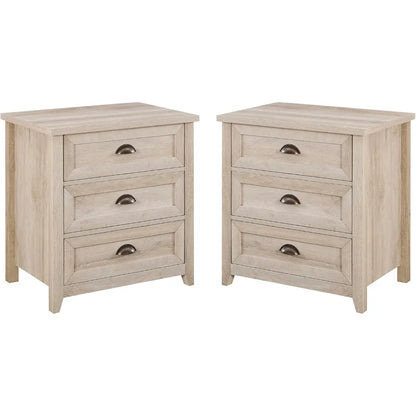 2-Piece Nightstand, Modern Farmhouse 3 Drawer Framed Nightstand with Half-Moon Handles, White Oak End Table for Bedroom