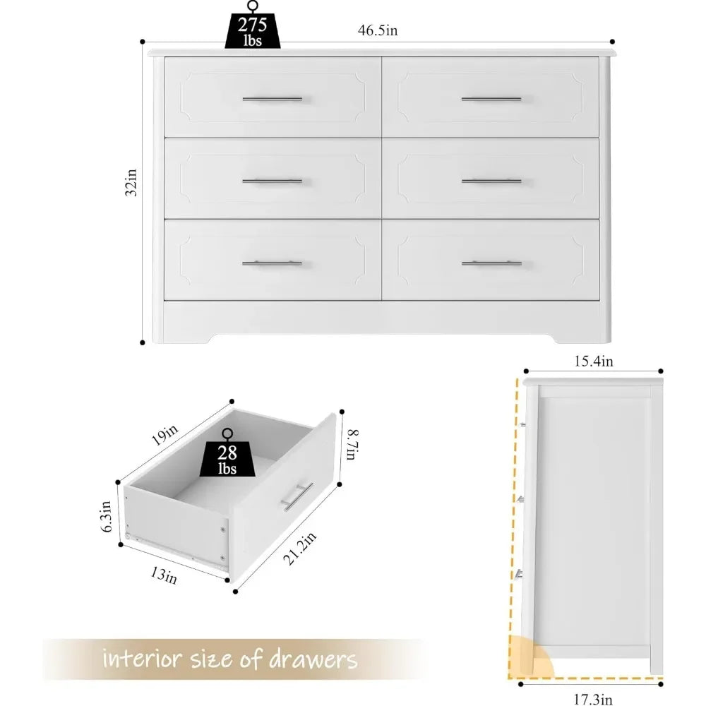 Commode à 6 tiroirs, commode large blanche moderne