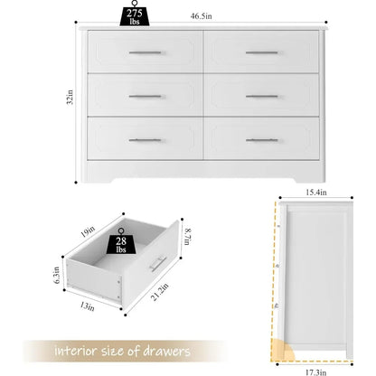 Commode à 6 tiroirs, commode large blanche moderne