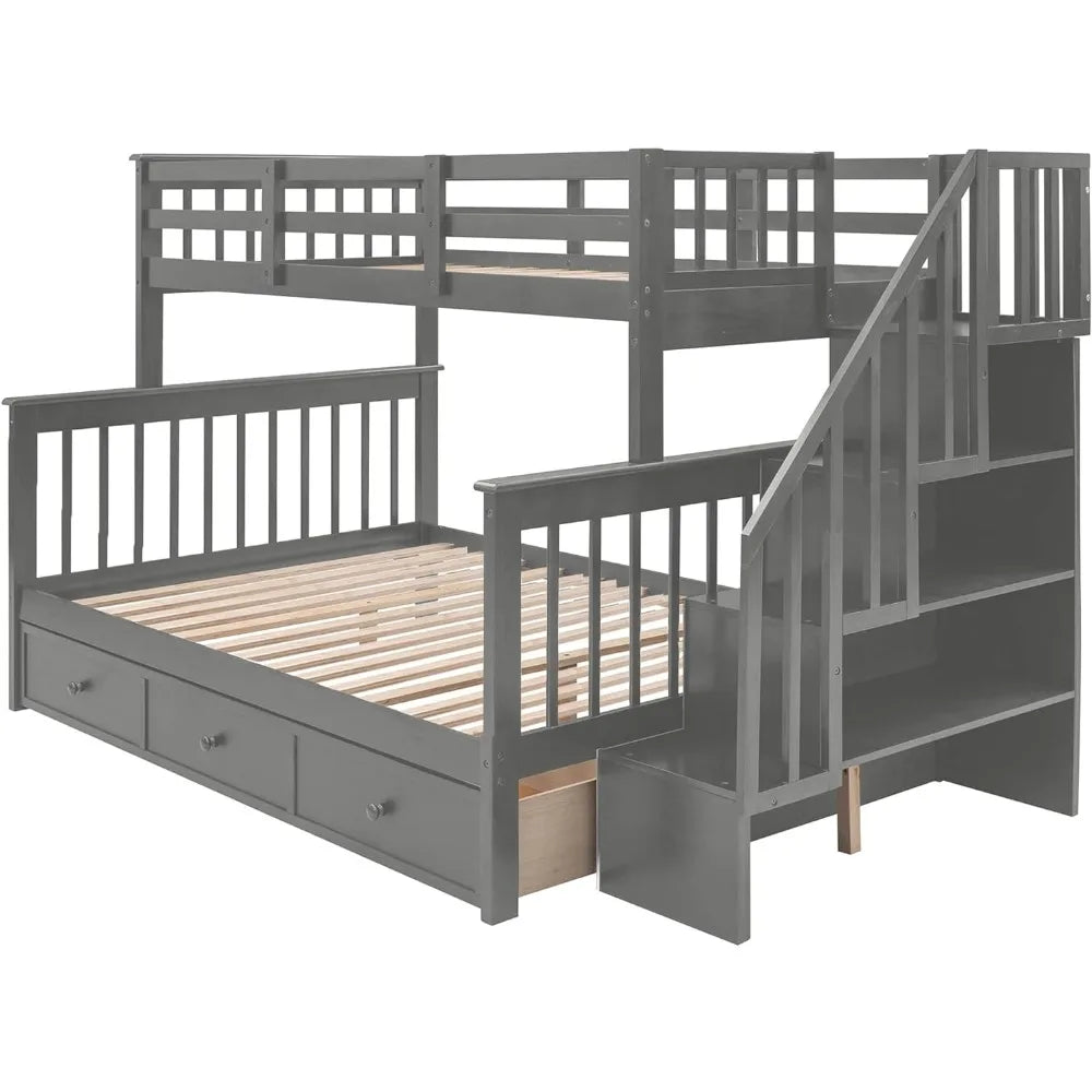 Lit superposé double sur lit double avec escaliers, cadre de lit superposé en bois massif avec tiroirs de rangement pour enfants, adolescents, adultes, chambre à coucher, dortoir