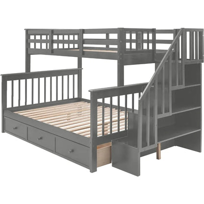 Litera doble sobre cama matrimonial con escaleras, estructura de litera de madera maciza con cajones de almacenamiento para niños, adolescentes, adultos, dormitorio, residencia universitaria