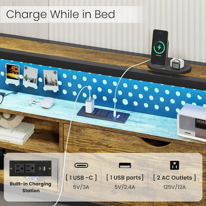 Bed Frame w/ Storage Headboard & Drawers, Metal Platform Bed w/ Charging Station, LED Bed Frame, Heavy Duty Steel Slats Support