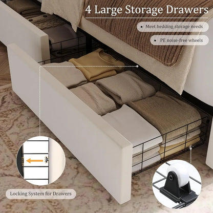 King LED Bed Frame with 4 Storage Drawers, Modern Velvet Upholstered Platform Bed with 55 Tall Heart Shaped Headboard, Beige Bed