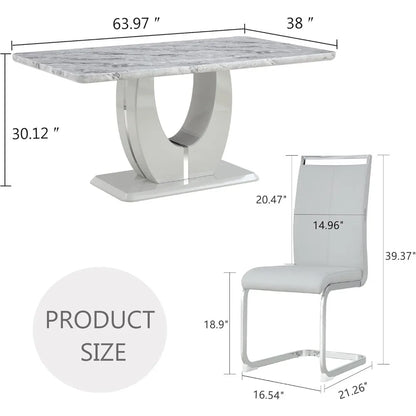 Modern dining table set for 6 people, rectangular dining table with artificial marble tabletop and 6 Pu leather cushioned chairs