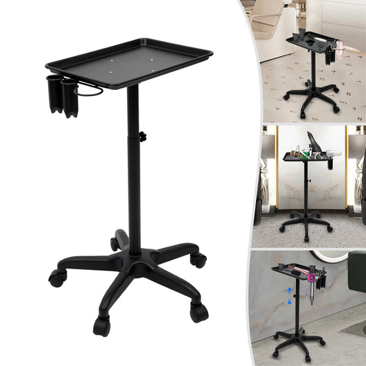 Carrito rodante profesional de aluminio para salón de belleza, spa, tatuajes médicos, carrito móvil, bandeja de servicio para instrumentos para el cabello, color negro y plateado