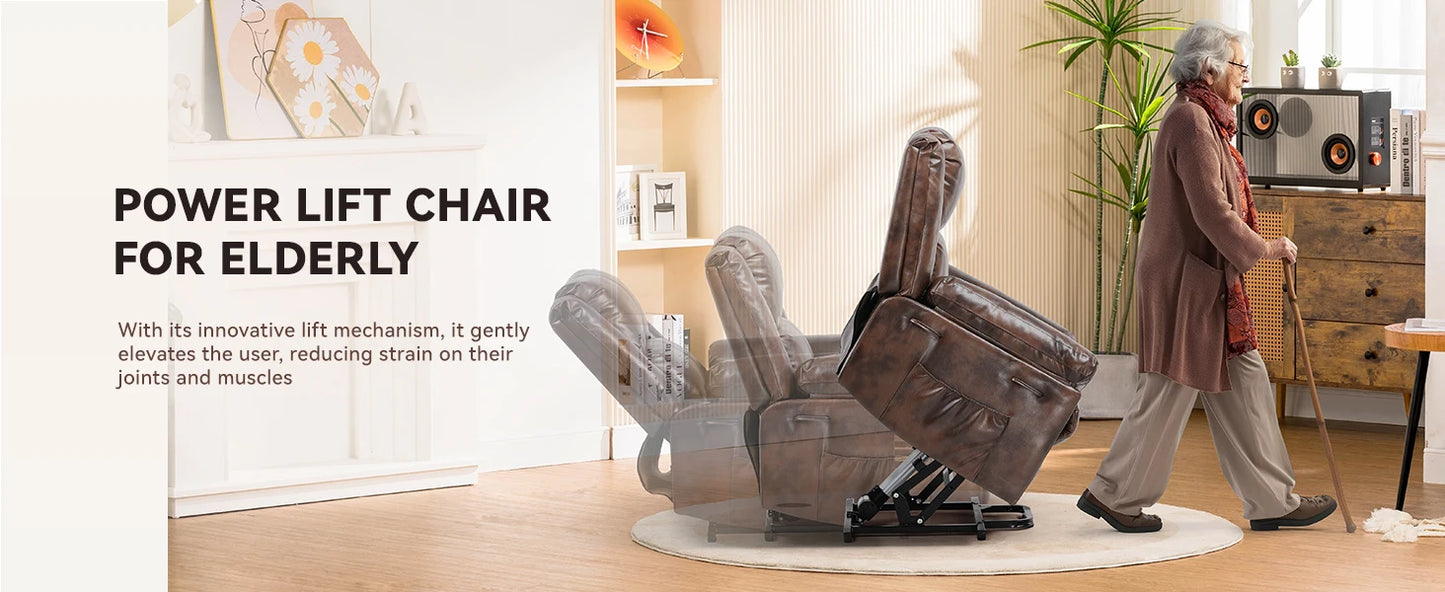 Fauteuil inclinable électrique pour personnes âgées, fauteuil releveur avec chaleur et massage, canapé inclinable en PU avec fonction de synchronisation, 2 poches latérales